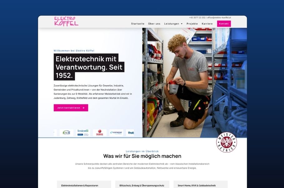 Screenshot der Website von elektro-koeffel.at. Ein professioneller Webauftritt eines Elektrobetriebs im Murtal mit moderner Gestaltung.