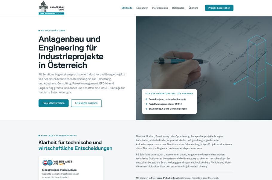 Neue Website der PE Solutions GmbH für Anlagenbau und Engineering mit Planzeichnung im Titelbild