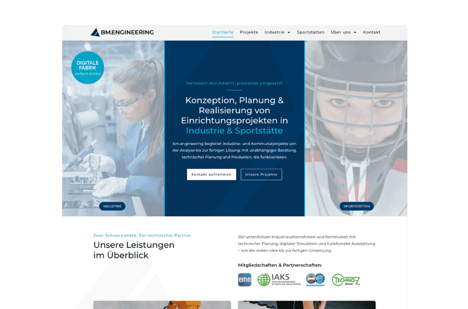 Startseite von bm.engineering zu Einrichtungsprojekten in Industrie und Sportstätten