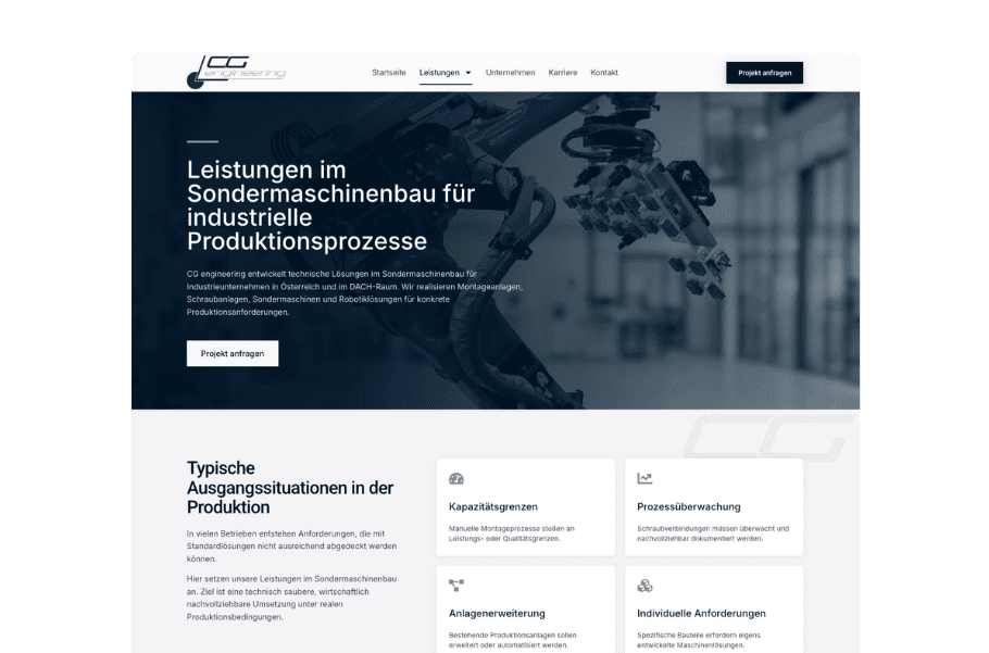 Startseite von CG engineering zum Sondermaschinenbau mit Robotergreifer