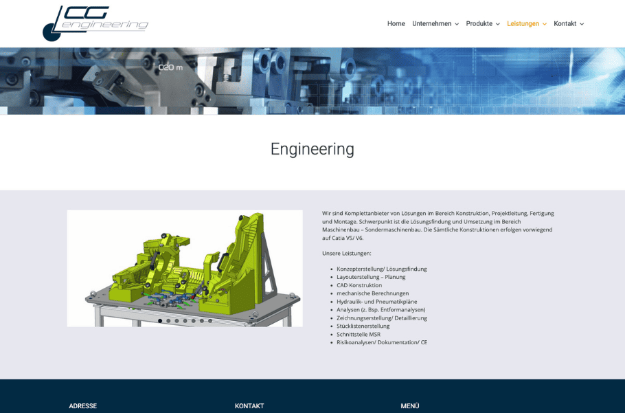 Bisherige Website von CG engineering mit 3D-Modell einer Vorrichtung
