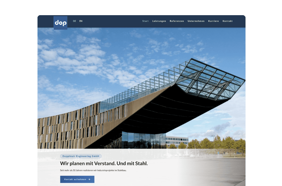 Startseite von Dopplmair Engineering mit Stahl-Glas-Bau im Titelbild