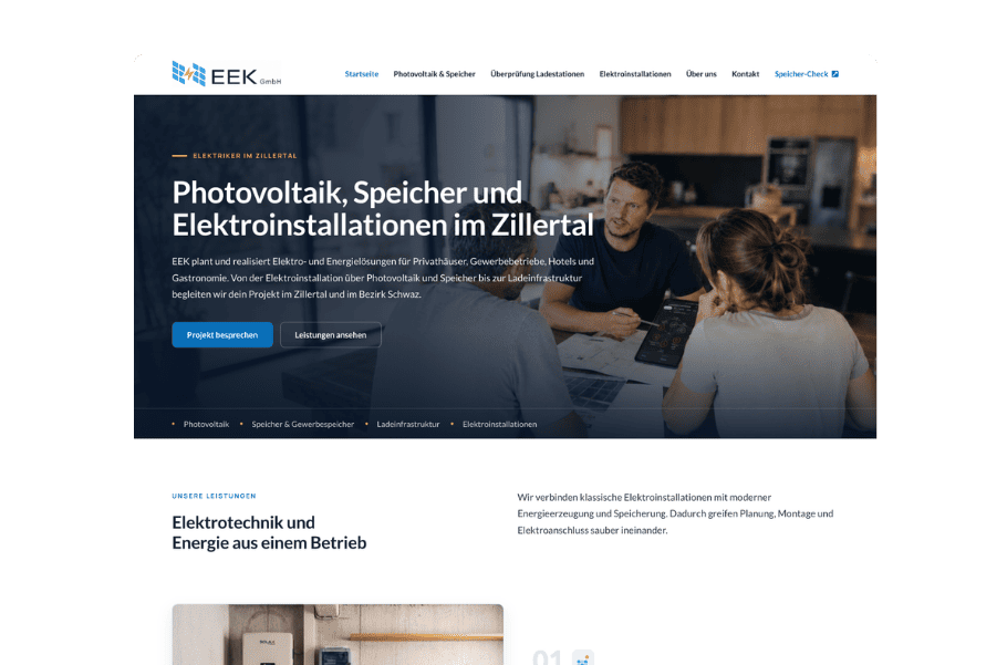 Startseite der EEK GmbH zu Photovoltaik, Speicher und Elektroinstallationen