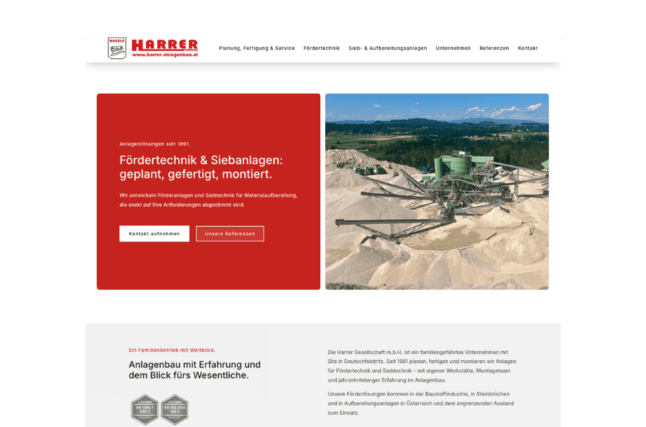 Startseite der Harrer Gesellschaft m.b.H. mit Siebanlage im Abbaugebiet