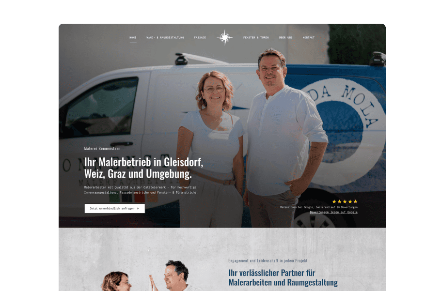 Startseite der Malerei Sonnenstern mit dem Malerteam vor dem Firmenbus