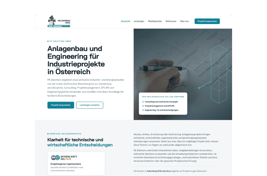 Startseite von PE Solutions zu Anlagenbau und Engineering für Industrieprojekte