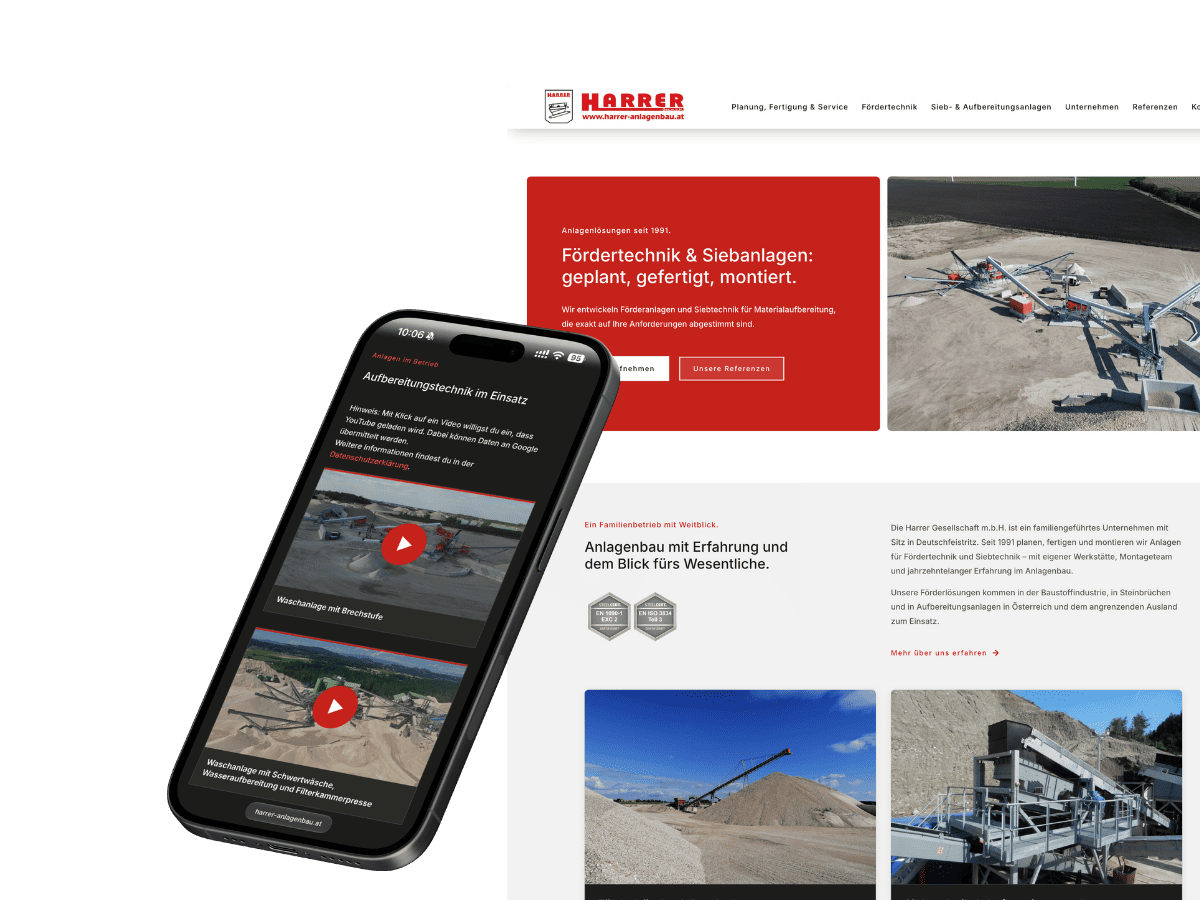 Website der Harrer Gesellschaft m.b.H. am Desktop und am Handy