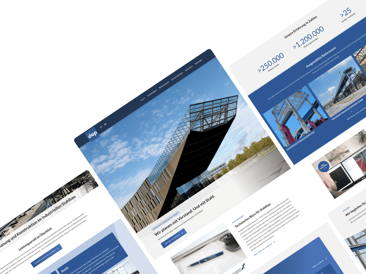 Website von Dopplmair Engineering mit Projektbildern und Kennzahlen