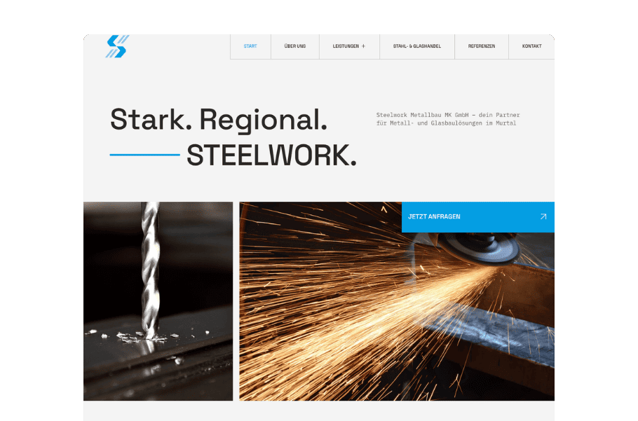 Startseite von Steelwork mit Funkenflug beim Metallschleifen