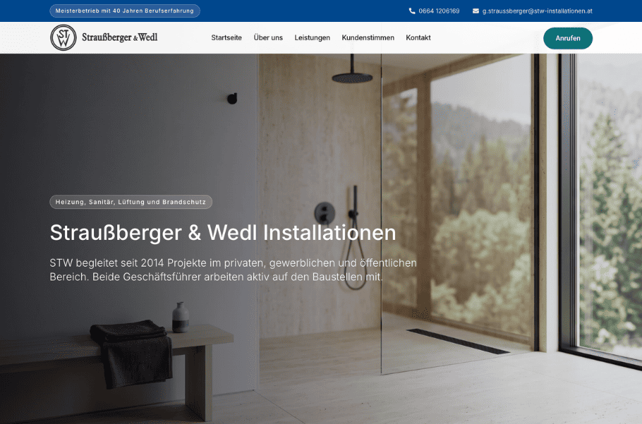 Neue Website von Straußberger & Wedl Installationen mit Dusche und Waldblick