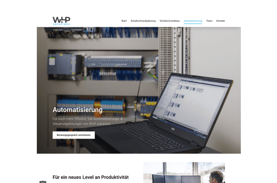 Startseite von WHP solutions zur Automatisierung mit Schaltschrank und Laptop